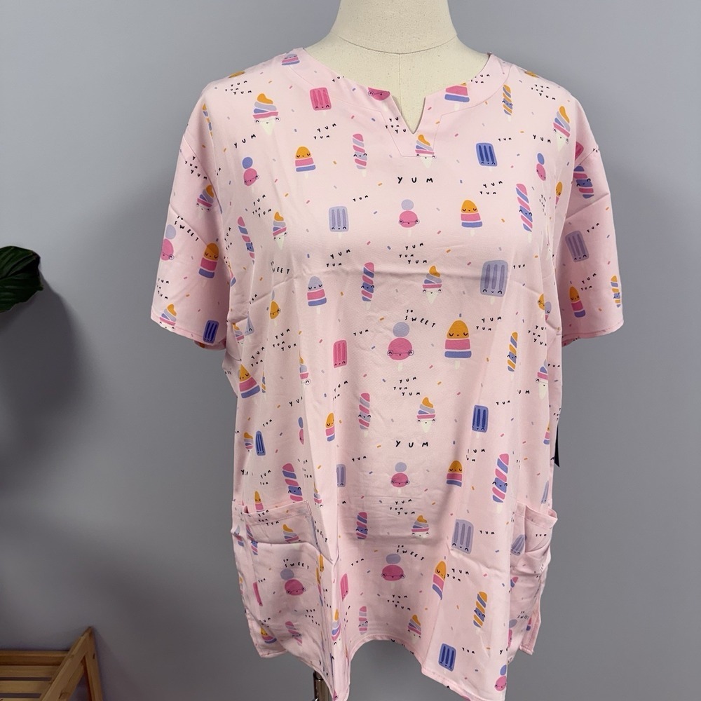 NWT Zoe Chloe Yum Yum Ice Cream Print Scrub Top 3X Pink Scrubs Kawaii Nurse Vet